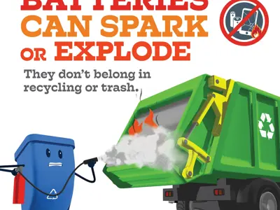 A graphic with the text, "Batteries can spark or Explode. They don't belong in recycling or trash." To the right of the text is a red cricle with a slash through it over art of batteries and a smart phone. Below the text is art of a blue recycling bin with a concerned face holding a red fire extinguisher, aiming and using it on an on-fire green recycling truck. 