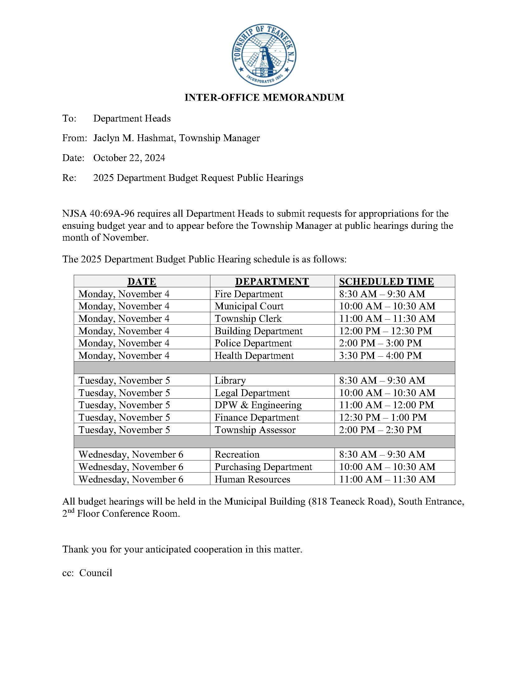 Image of 2025 Township Department Budget Request Public Hearings